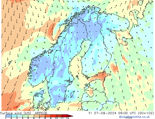 Surface wind (bft) ARPEGE Fr 27.09.2024 06 UTC