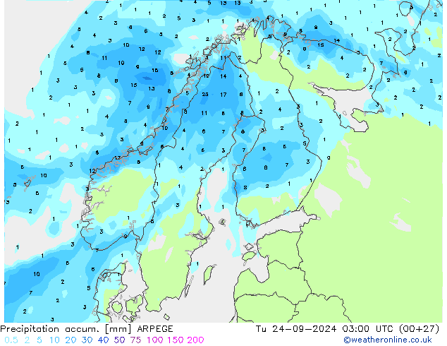 Precipitation accum. ARPEGE mar 24.09.2024 03 UTC