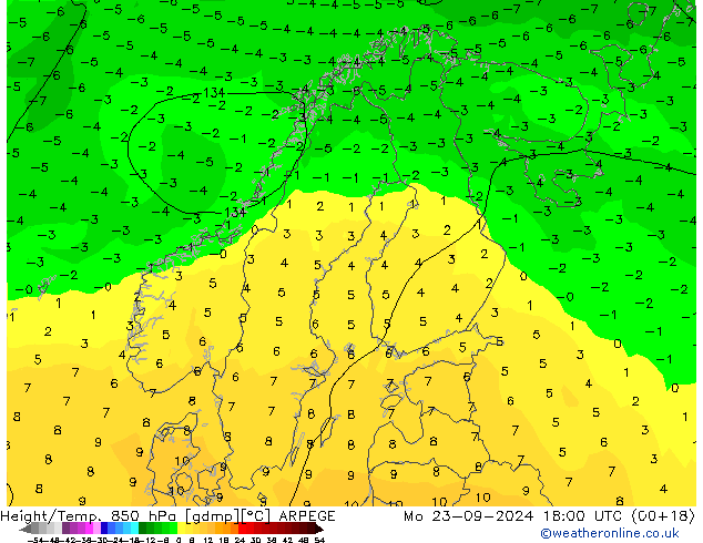 Height/Temp. 850 hPa ARPEGE Seg 23.09.2024 18 UTC