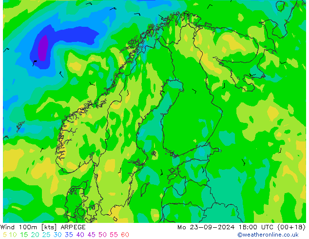 Wind 100m ARPEGE Mo 23.09.2024 18 UTC