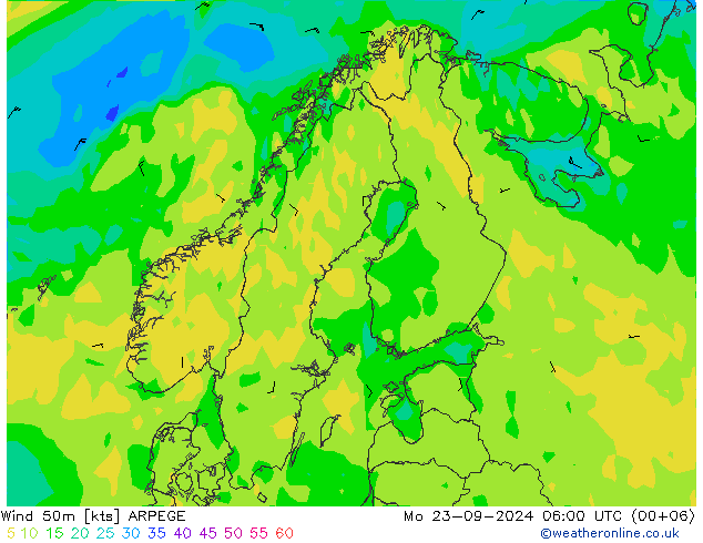 风 50 米 ARPEGE 星期一 23.09.2024 06 UTC