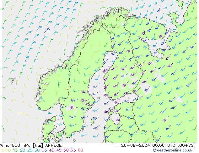 ветер 850 гПа ARPEGE чт 26.09.2024 00 UTC