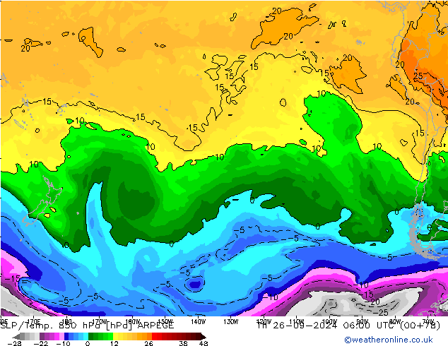 SLP/Temp. 850 гПа ARPEGE чт 26.09.2024 06 UTC