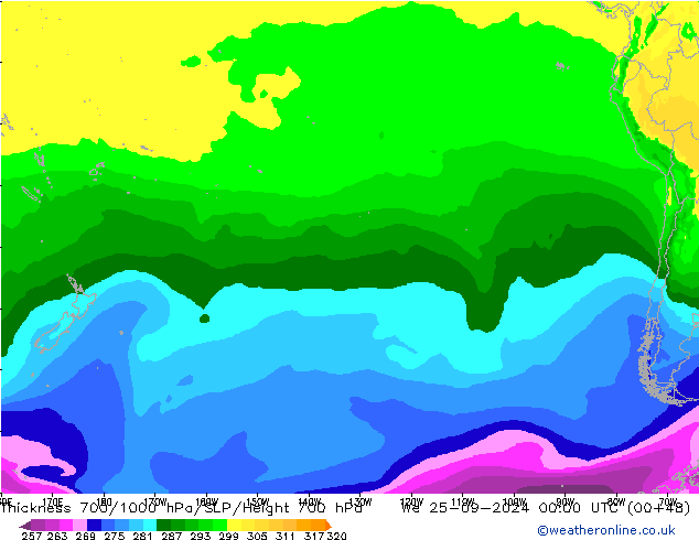 Thck 700-1000 hPa ARPEGE Qua 25.09.2024 00 UTC