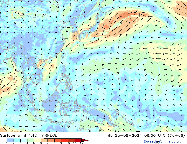 Surface wind (bft) ARPEGE Mo 23.09.2024 06 UTC