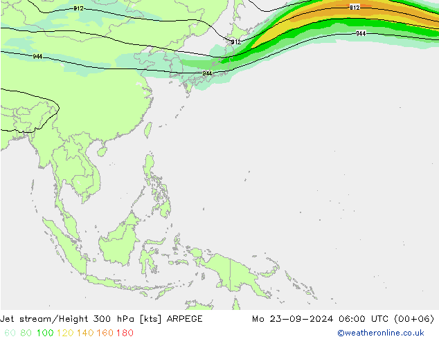 Jet stream/Height 300 hPa ARPEGE Mo 23.09.2024 06 UTC