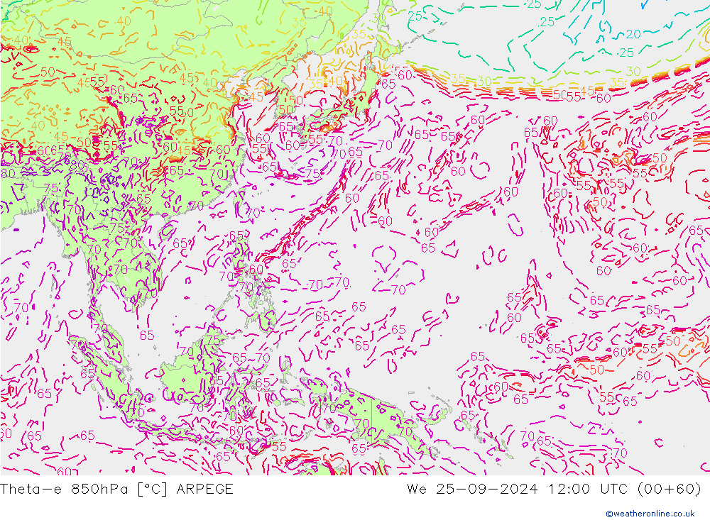 Theta-e 850hPa ARPEGE We 25.09.2024 12 UTC