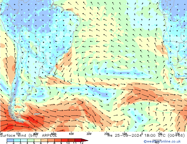 Surface wind (bft) ARPEGE St 25.09.2024 18 UTC