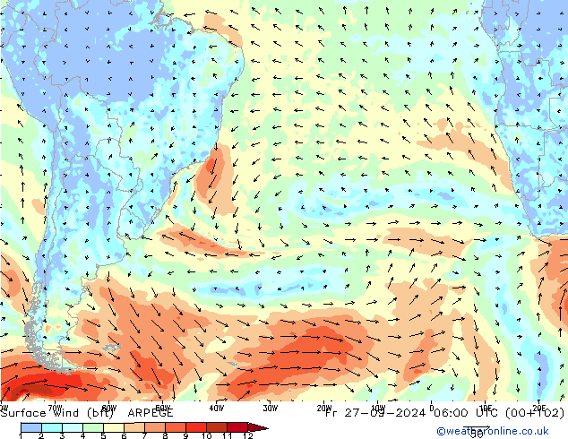 Surface wind (bft) ARPEGE Fr 27.09.2024 06 UTC