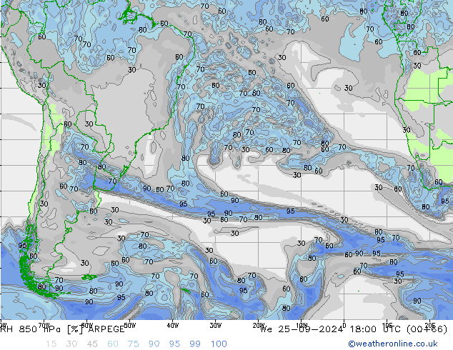 RH 850 hPa ARPEGE Qua 25.09.2024 18 UTC