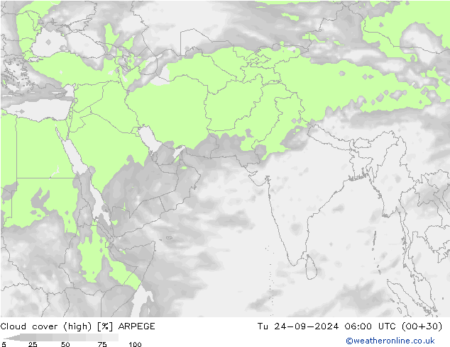 Cloud cover (high) ARPEGE Tu 24.09.2024 06 UTC