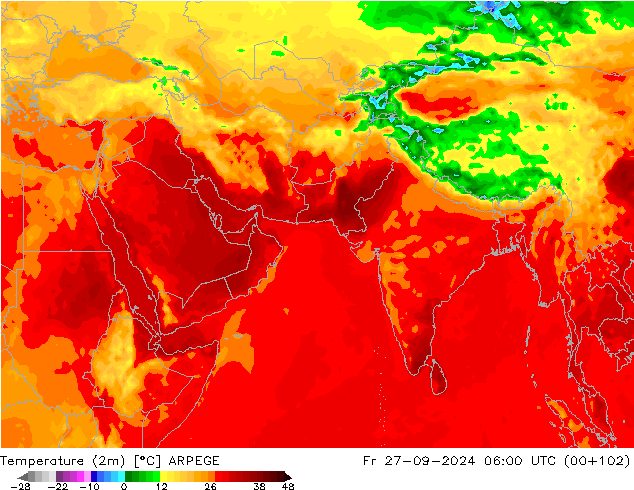 Temperaturkarte (2m) ARPEGE Fr 27.09.2024 06 UTC