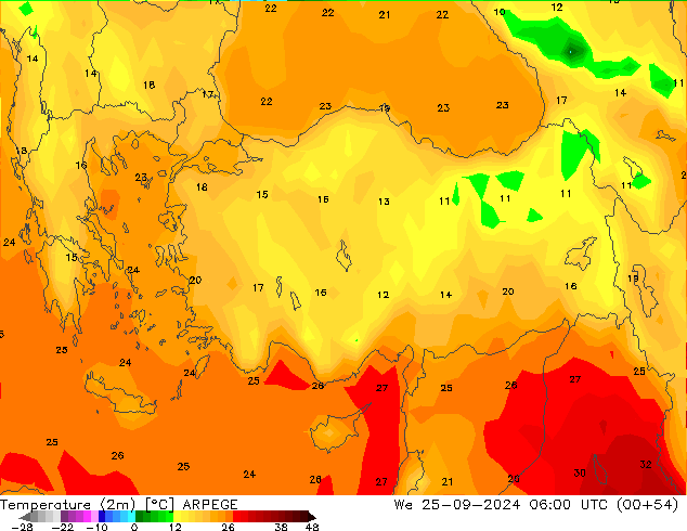 Sıcaklık Haritası (2m) ARPEGE Çar 25.09.2024 06 UTC
