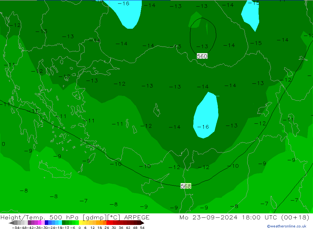 Height/Temp. 500 hPa ARPEGE Mo 23.09.2024 18 UTC