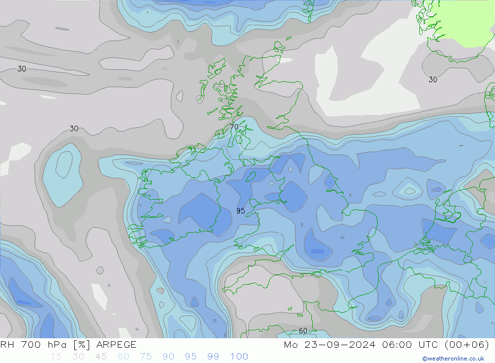 RH 700 hPa ARPEGE lun 23.09.2024 06 UTC