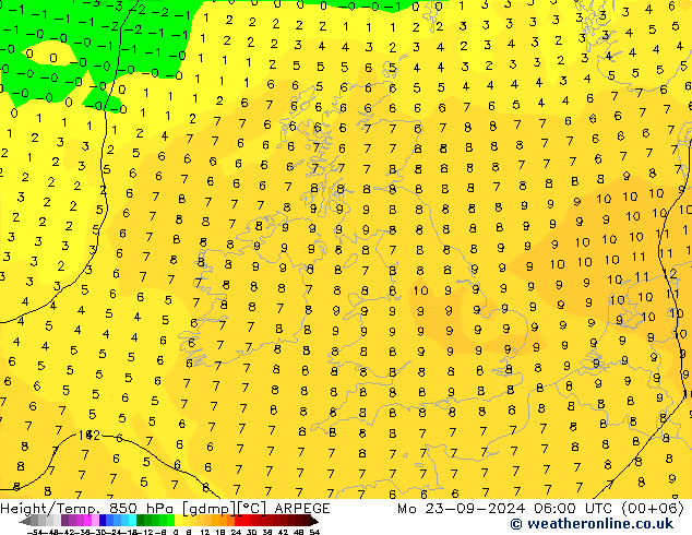 Geop./Temp. 850 hPa ARPEGE lun 23.09.2024 06 UTC