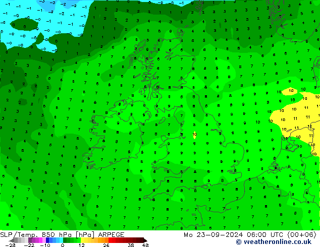 SLP/Temp. 850 hPa ARPEGE 星期一 23.09.2024 06 UTC