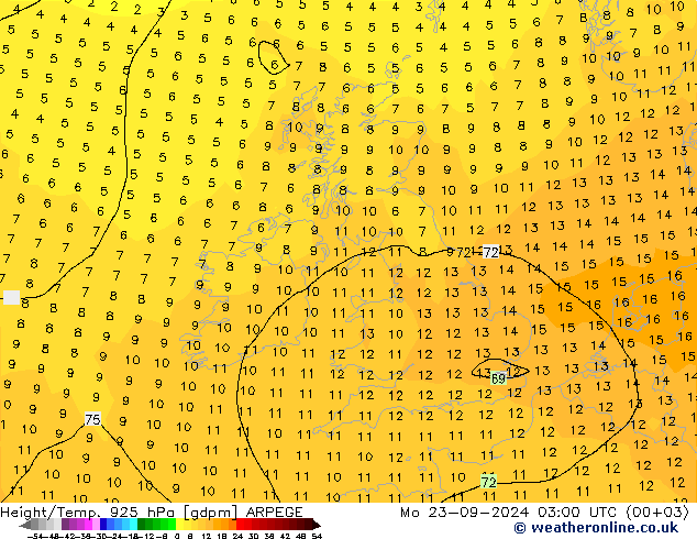 Height/Temp. 925 hPa ARPEGE Mo 23.09.2024 03 UTC