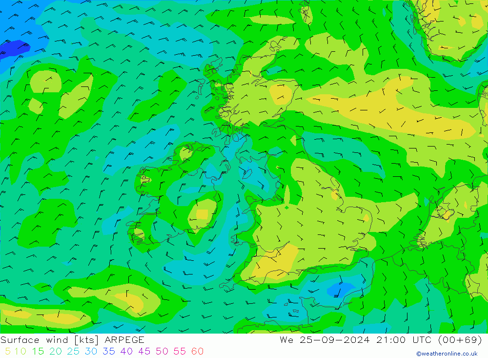 Viento 10 m ARPEGE mié 25.09.2024 21 UTC