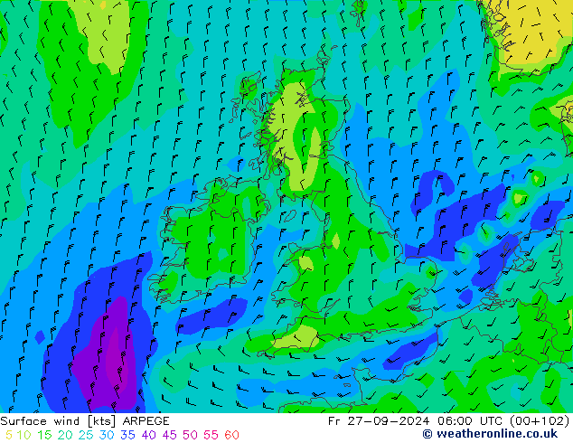 Wind 10 m ARPEGE vr 27.09.2024 06 UTC