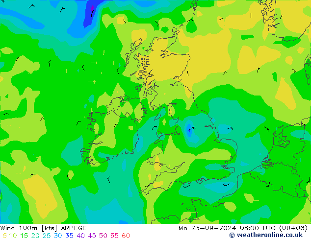 Viento 100m ARPEGE lun 23.09.2024 06 UTC