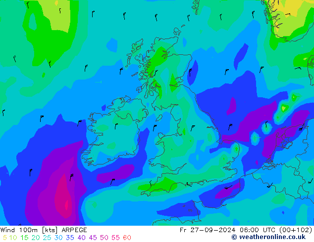 Wind 100m ARPEGE Fr 27.09.2024 06 UTC