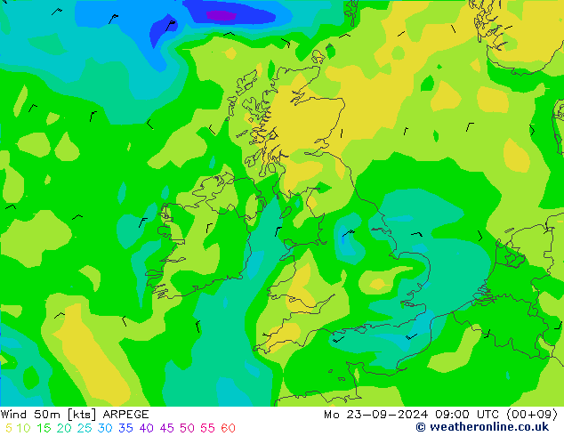 Viento 50 m ARPEGE lun 23.09.2024 09 UTC