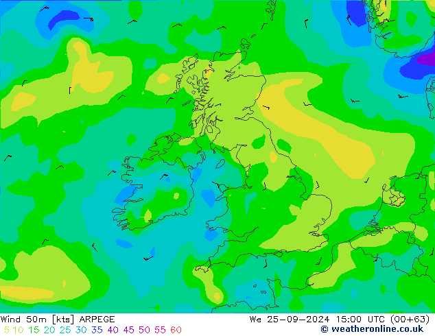 Viento 50 m ARPEGE mié 25.09.2024 15 UTC