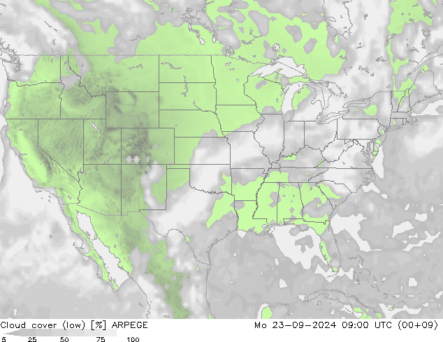 Cloud cover (low) ARPEGE Mo 23.09.2024 09 UTC