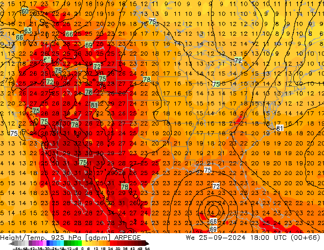 Height/Temp. 925 hPa ARPEGE śro. 25.09.2024 18 UTC