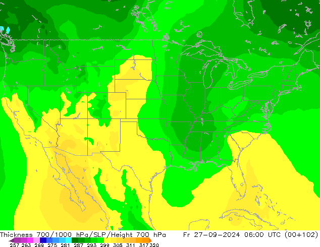 Thck 700-1000 hPa ARPEGE  27.09.2024 06 UTC