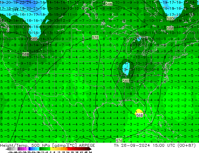 Height/Temp. 500 hPa ARPEGE gio 26.09.2024 15 UTC