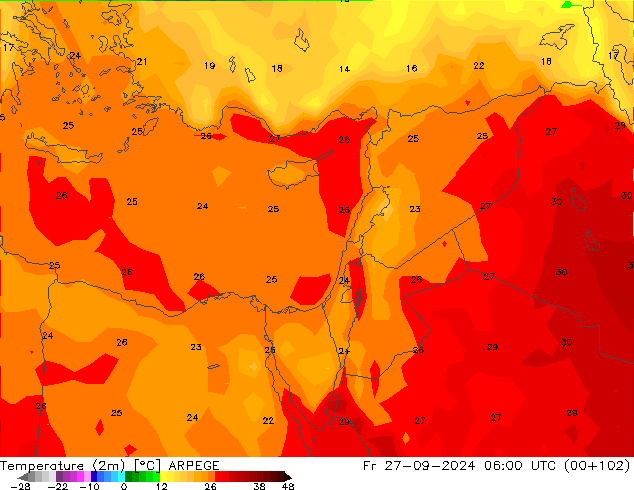 Temperatuurkaart (2m) ARPEGE vr 27.09.2024 06 UTC