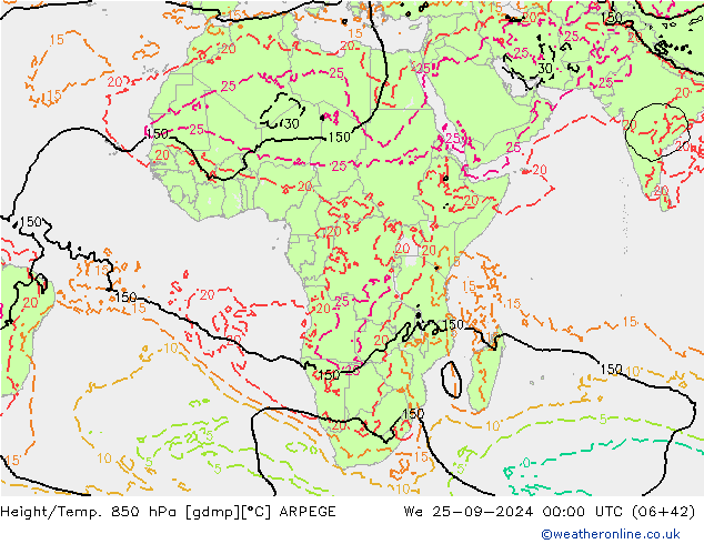 Height/Temp. 850 hPa ARPEGE We 25.09.2024 00 UTC