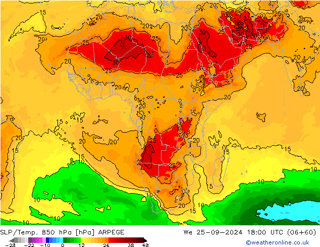 SLP/Temp. 850 hPa ARPEGE śro. 25.09.2024 18 UTC