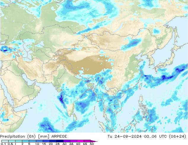 Precipitation (6h) ARPEGE Út 24.09.2024 06 UTC