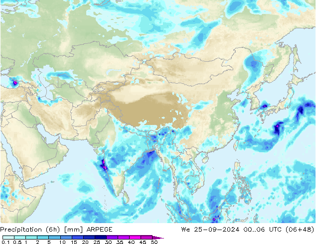 осадки (6h) ARPEGE ср 25.09.2024 06 UTC