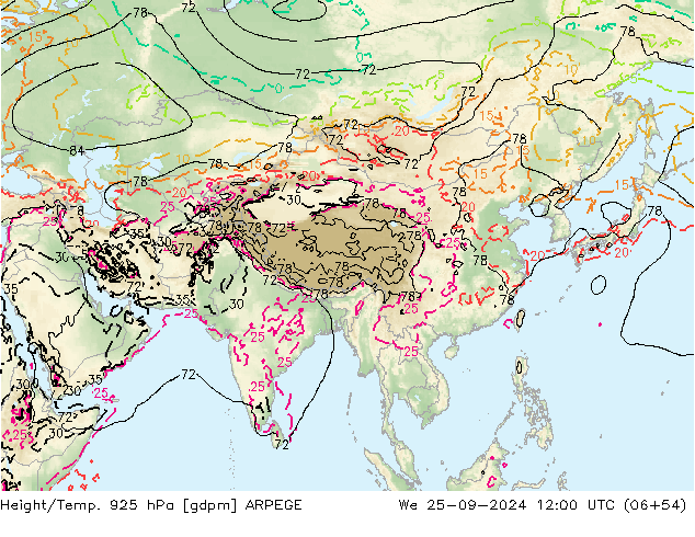 Yükseklik/Sıc. 925 hPa ARPEGE Çar 25.09.2024 12 UTC