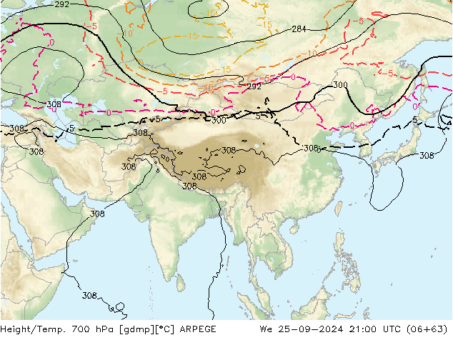 Géop./Temp. 700 hPa ARPEGE mer 25.09.2024 21 UTC