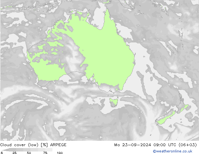 Cloud cover (low) ARPEGE Mo 23.09.2024 09 UTC