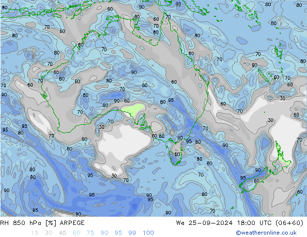 RH 850 hPa ARPEGE śro. 25.09.2024 18 UTC