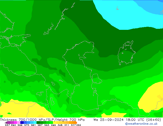 Thck 700-1000 гПа ARPEGE ср 25.09.2024 18 UTC