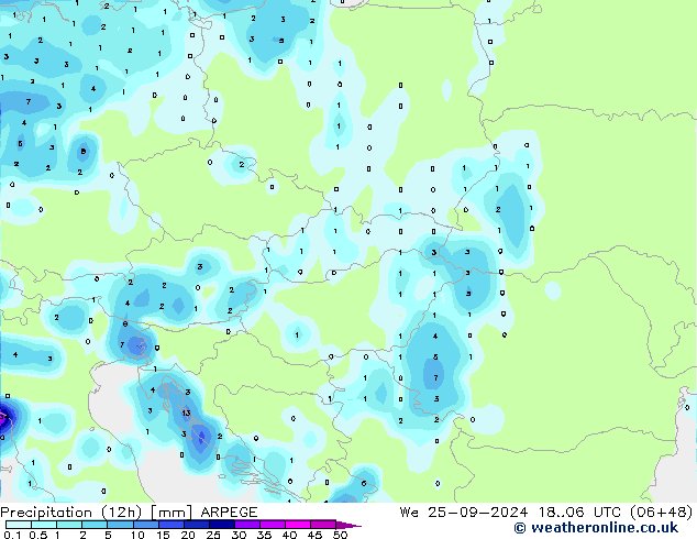 Nied. akkumuliert (12Std) ARPEGE Mi 25.09.2024 06 UTC