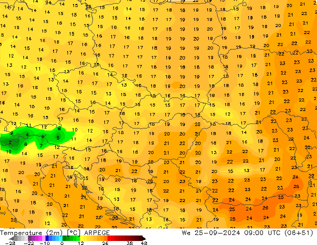 Temperature (2m) ARPEGE We 25.09.2024 09 UTC