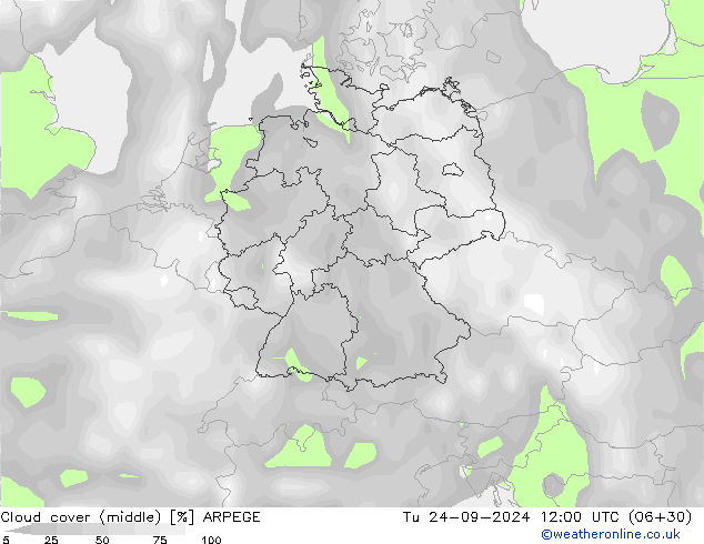 oblačnosti uprostřed ARPEGE Út 24.09.2024 12 UTC