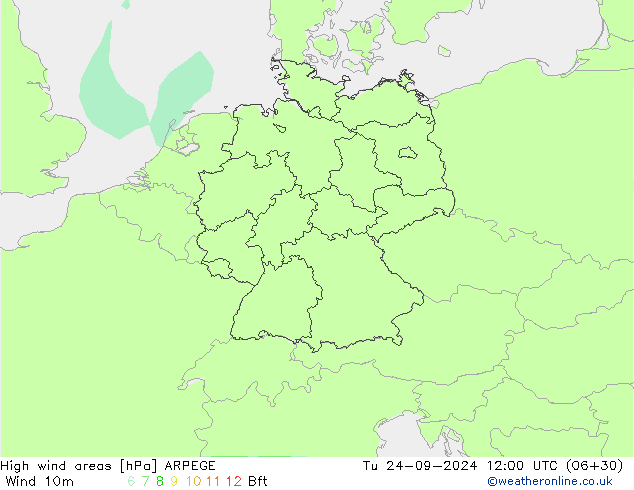 High wind areas ARPEGE вт 24.09.2024 12 UTC