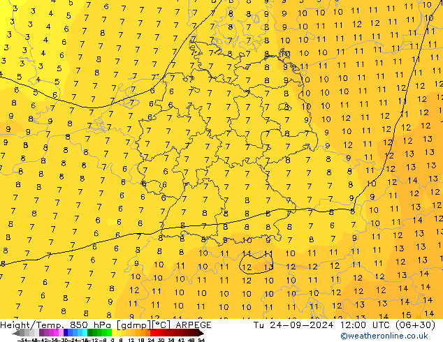 Height/Temp. 850 hPa ARPEGE Di 24.09.2024 12 UTC