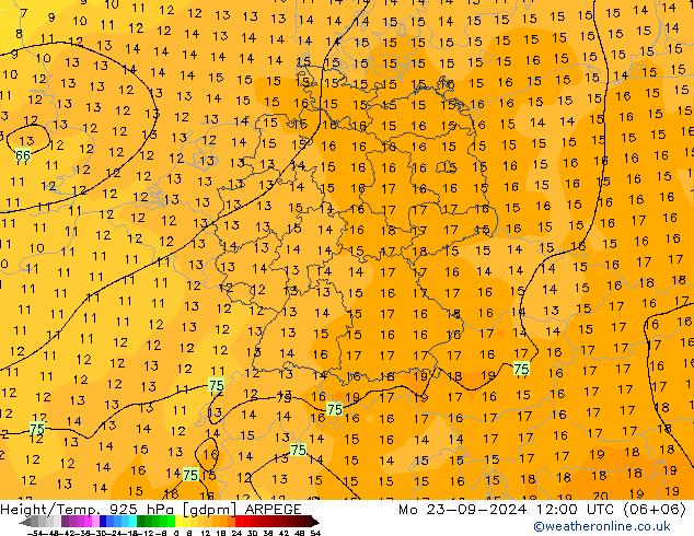 Height/Temp. 925 hPa ARPEGE Mo 23.09.2024 12 UTC