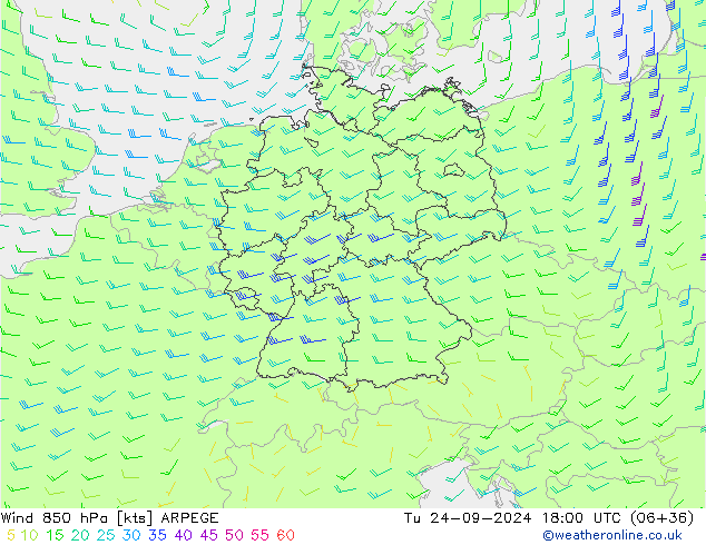 Wind 850 hPa ARPEGE Tu 24.09.2024 18 UTC