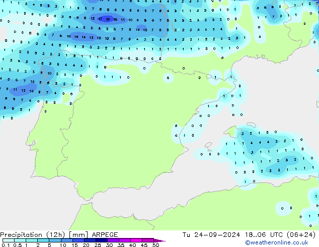 Precipitation (12h) ARPEGE Tu 24.09.2024 06 UTC